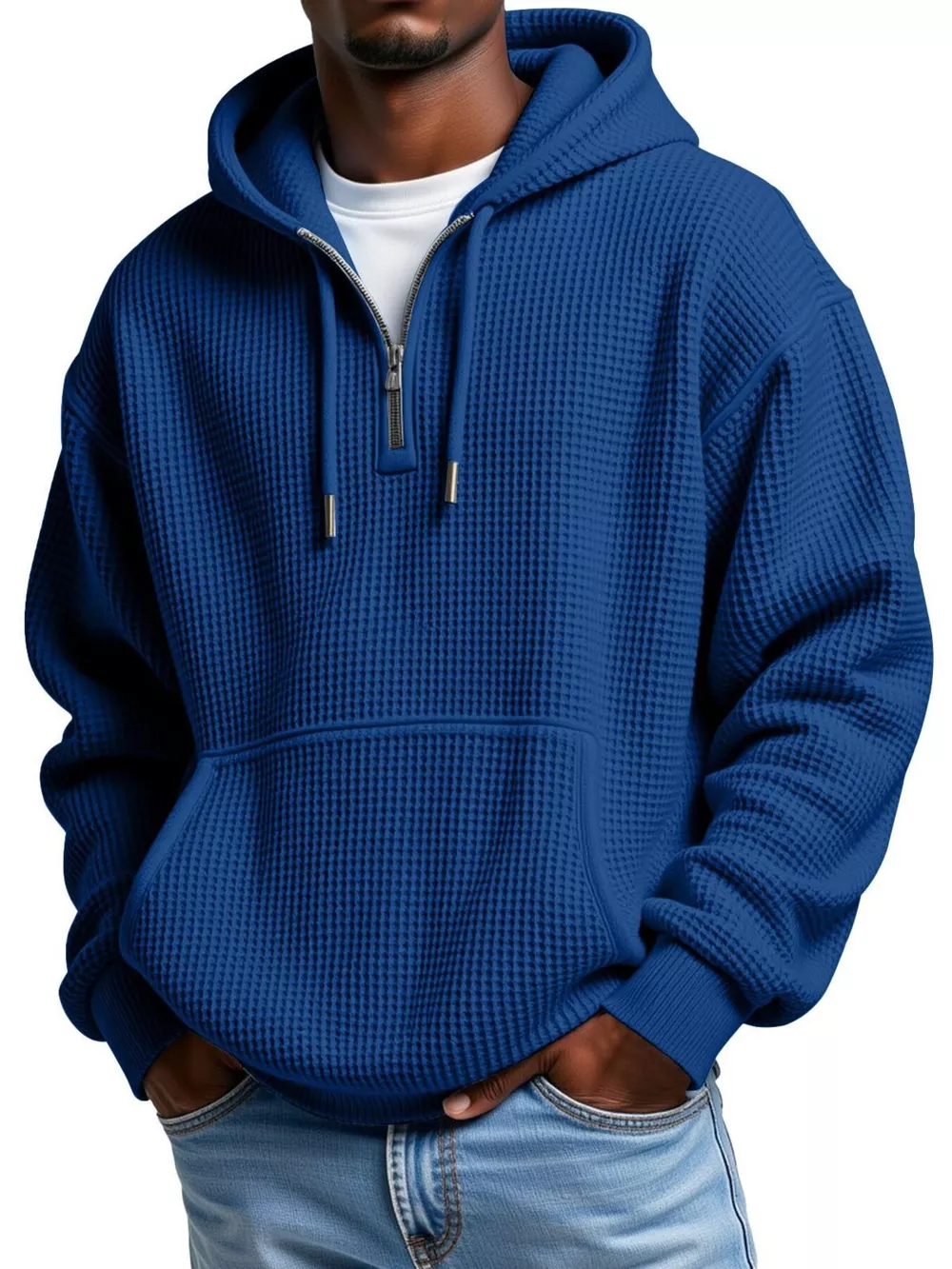 Men's Full Size Textured Waffle Knit Half-Zip Hoodie Plus Size, image 4