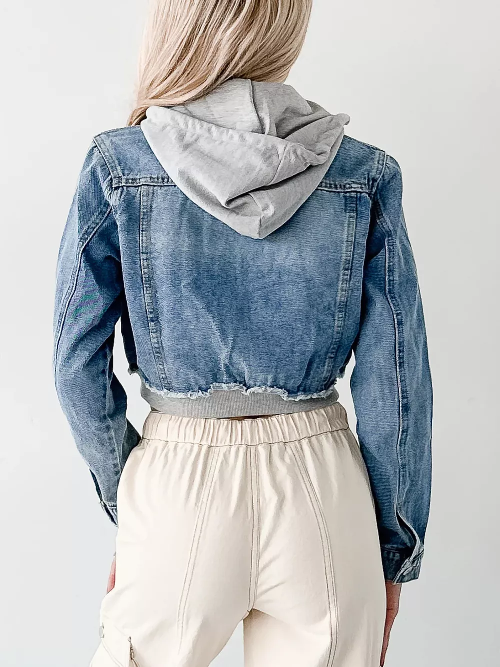 Distressed Zip Up Cropped Hooded Denim Jacket, image 4