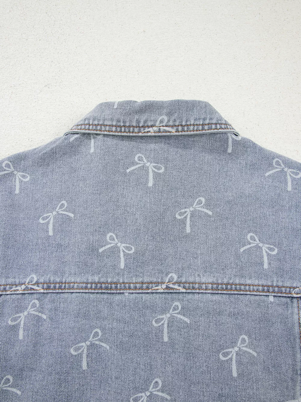 Bow Knot Print Light Wash Raw Hem Denim Jacket, image 6