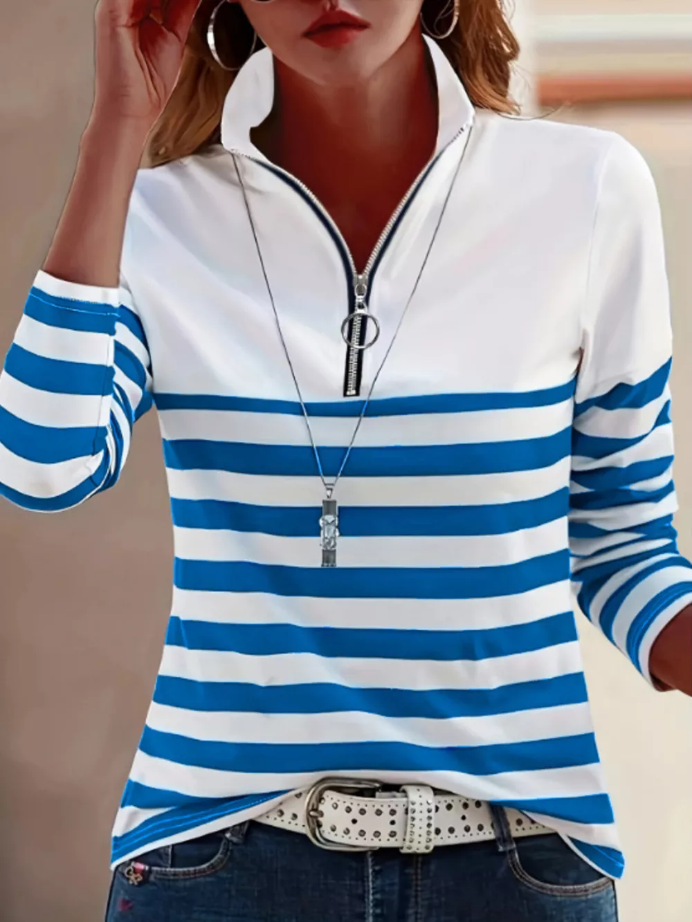 Quarter-Zip Striped Long Sleeve T-Shirt, image 10
