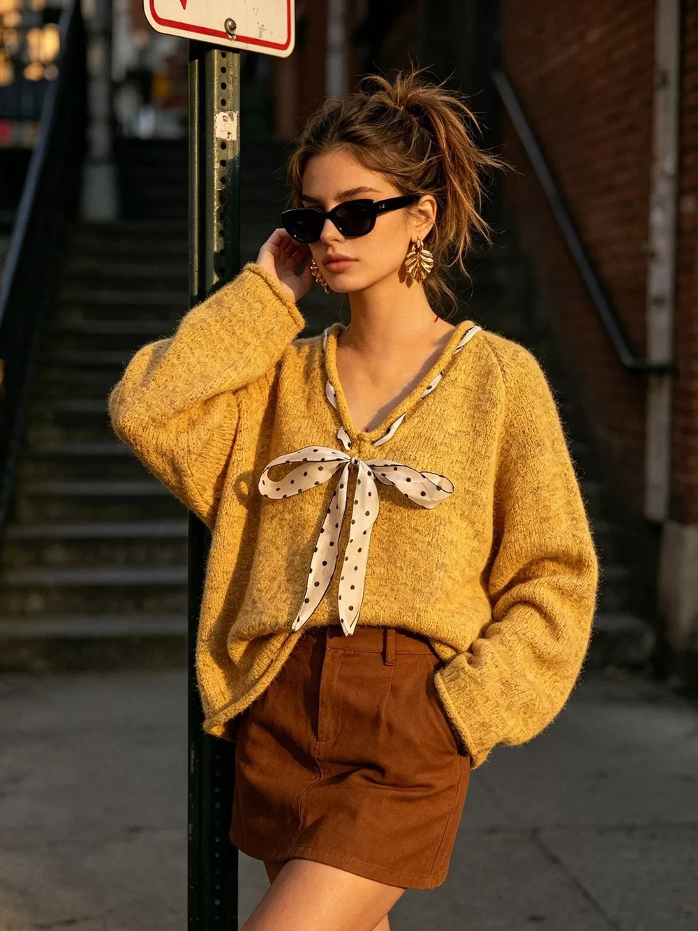 Chic V-Neck Sweater with Polka Dot Ribbon Tie, image 24