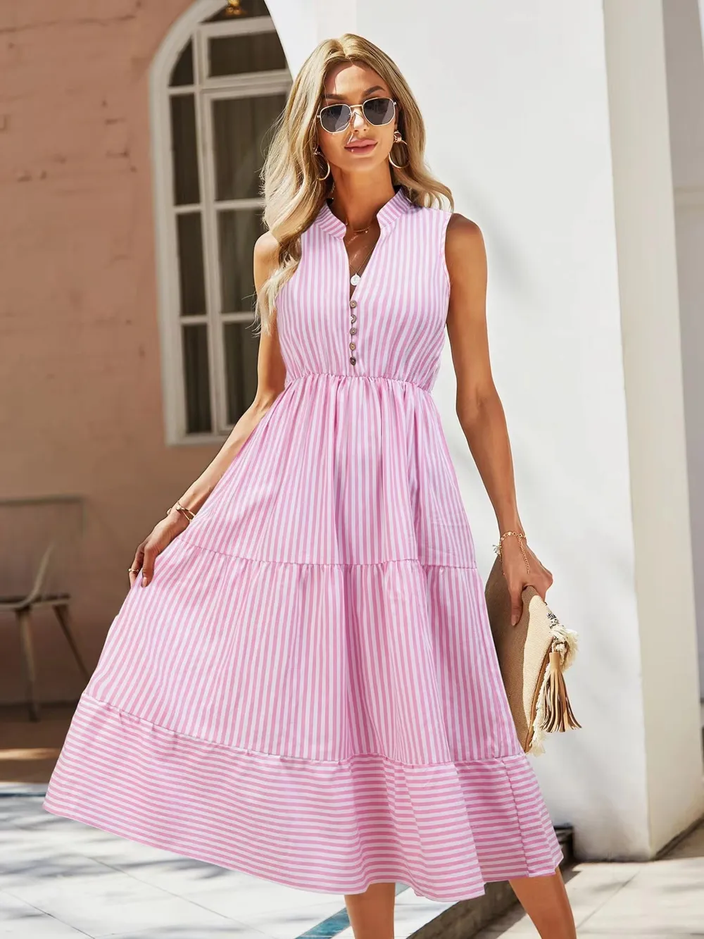 Striped Sleeveless Tiered Midi Dress, image 9