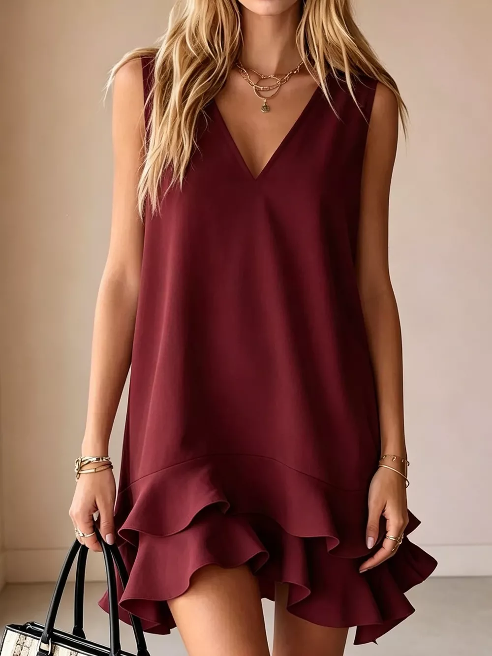 Sleeveless V-Neck Ruffle Hem Mini Dress, image 6