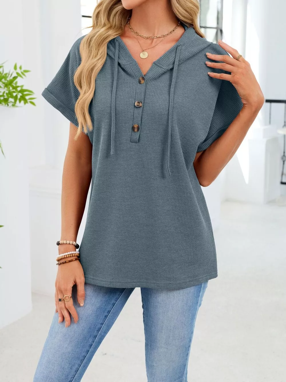 Casual Waffle Knit Button Detail Hooded Top, image 7
