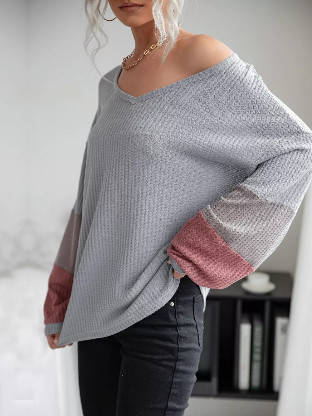 V-Neck Waffle Knit Long Sleeve T-Shirt, image 3