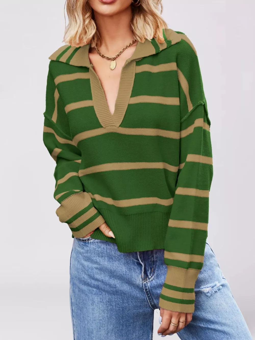 Striped Johnny Collar Dropped Shoulder Sweater, image 7