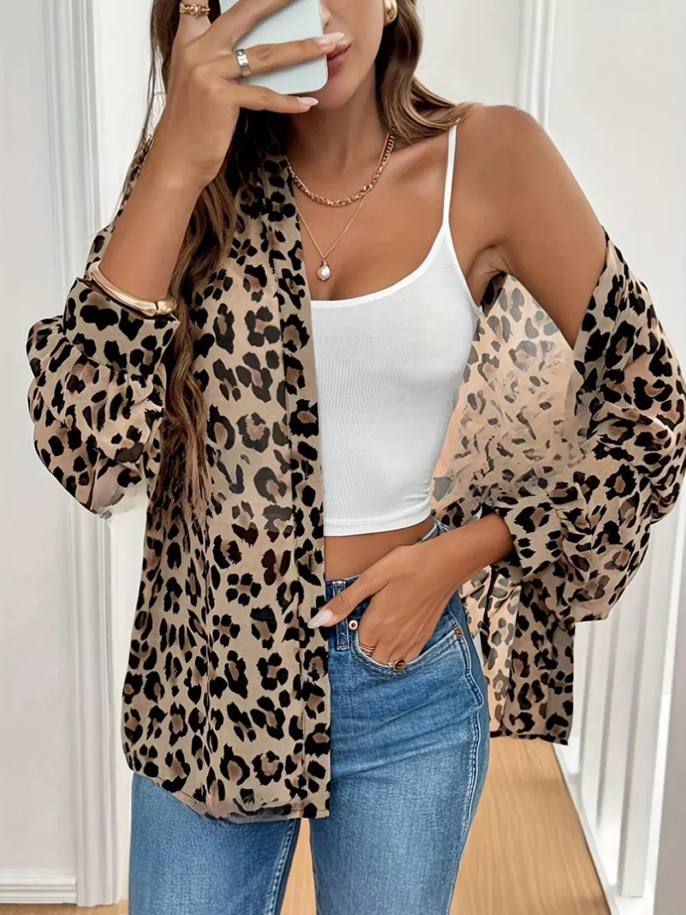 Leopard Print Button-Down Long Sleeve Shirt, image 2