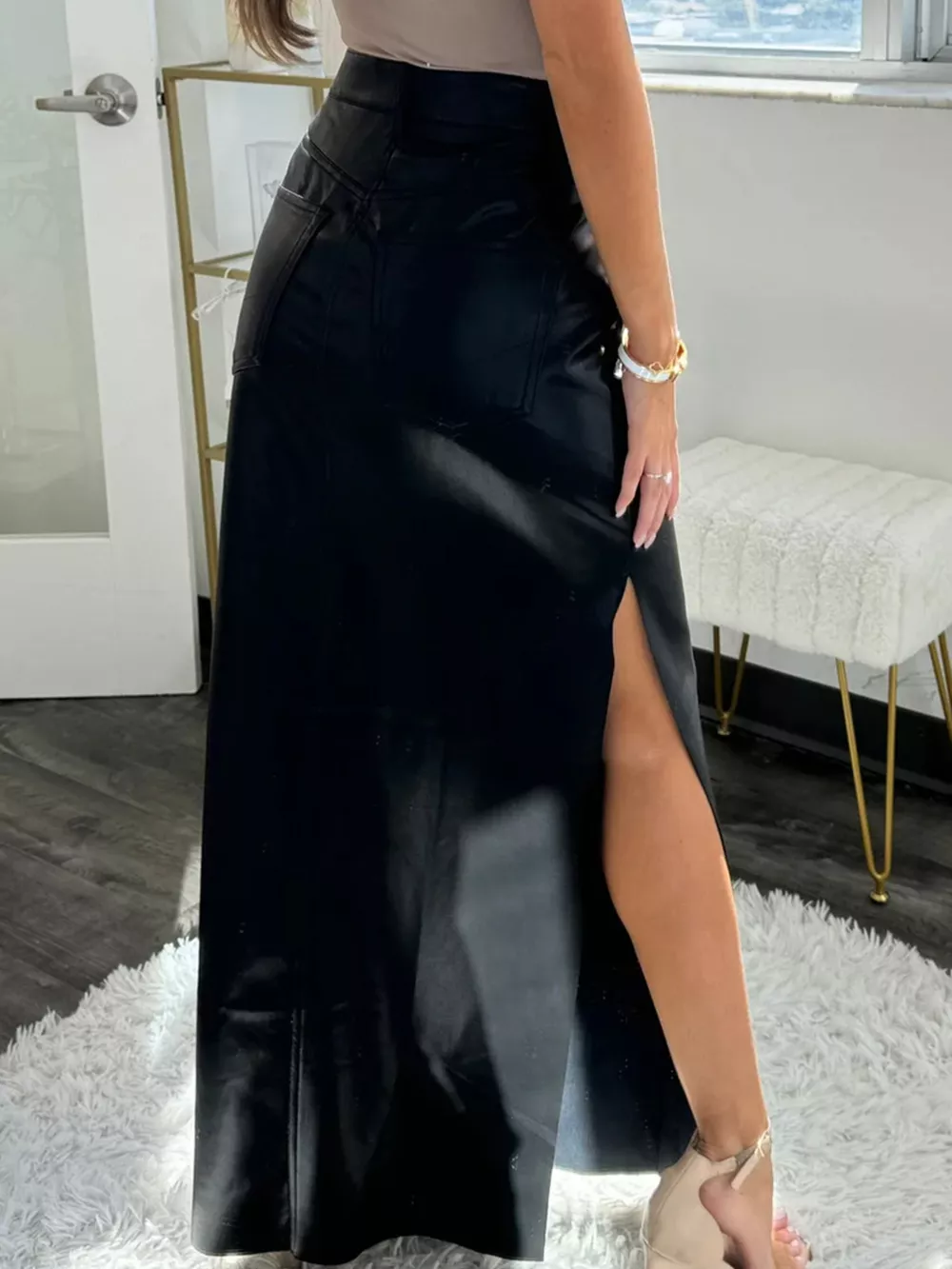 Leather High-Waist Side Slit Maxi Skirt, image 3