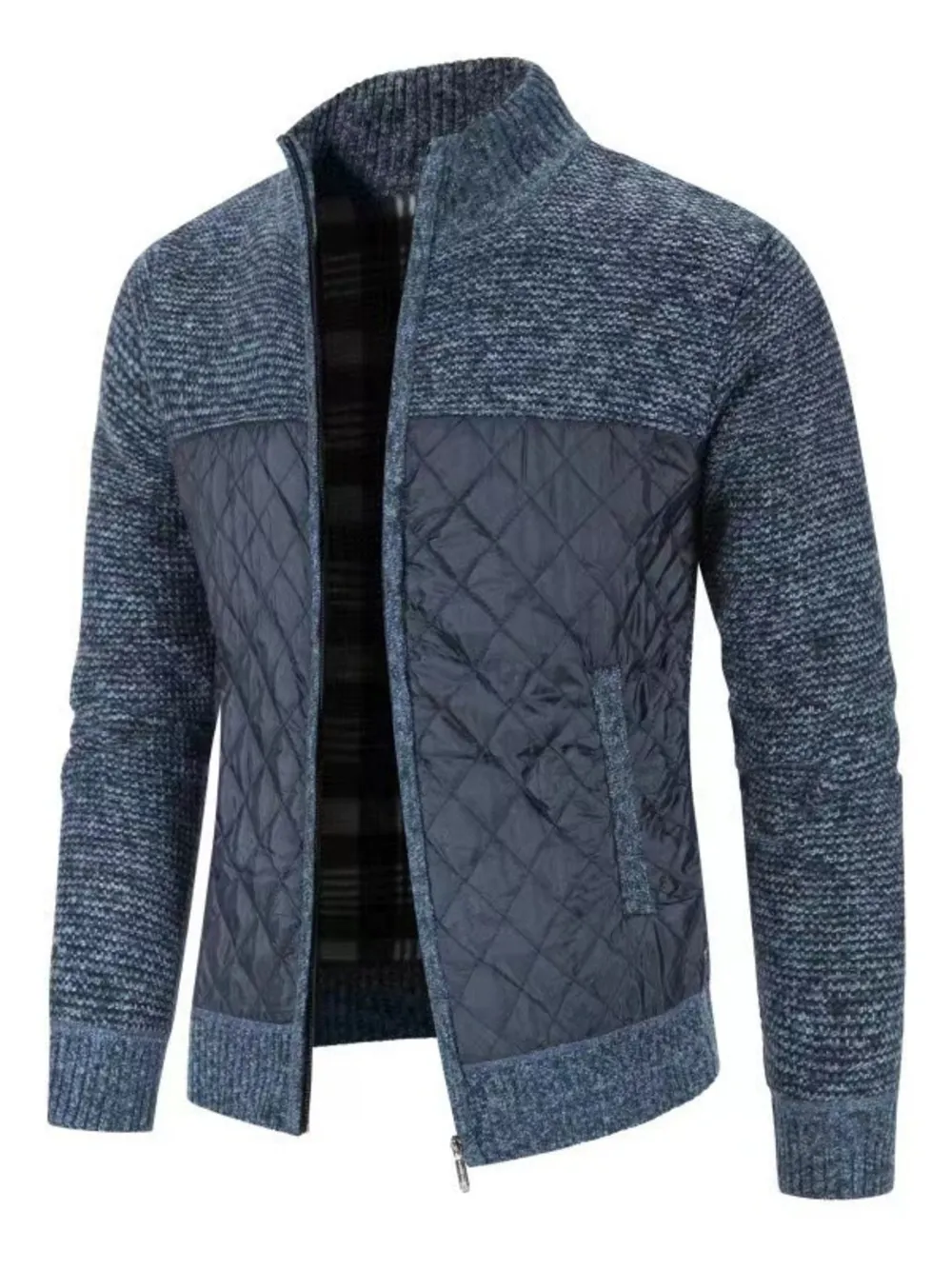 Men's Plus Size Quilted Panel Zip-Up Sweater Cardigan, image 2