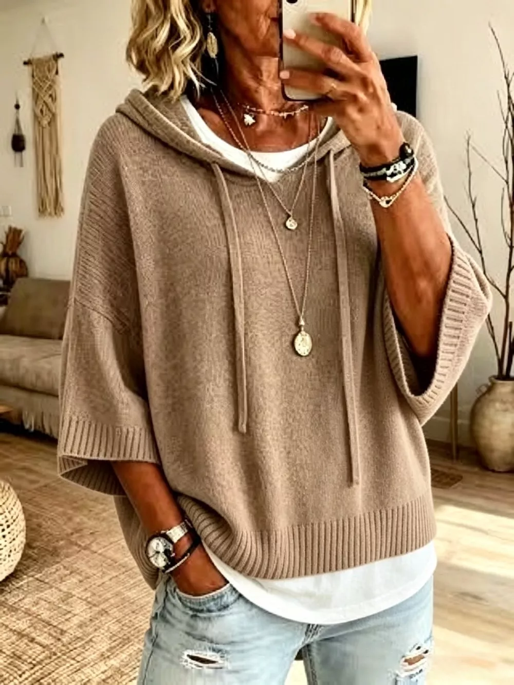 Full Size Casual Hooded Batwing Sleeve Knit Sweater Plus Size, image 5
