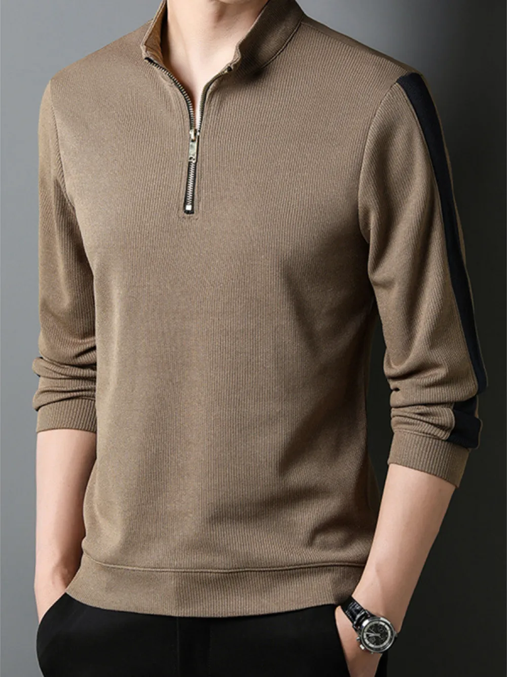 Men's Plus Size Quarter Zip Long Sleeve Polo, image 10