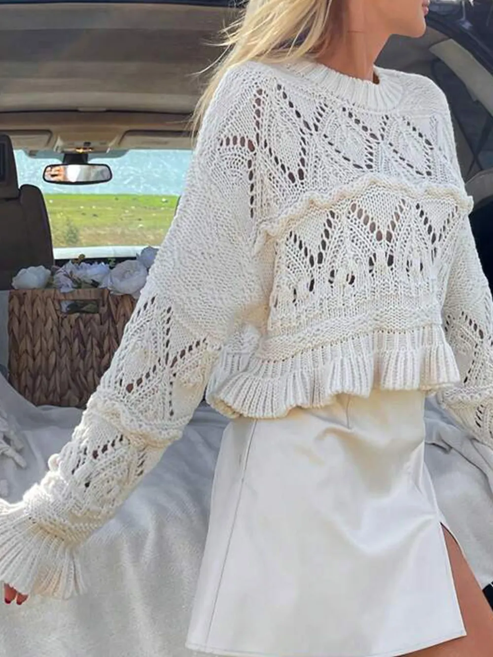 Crochet Ruffled Hem Long Sleeve Sweater, image 4