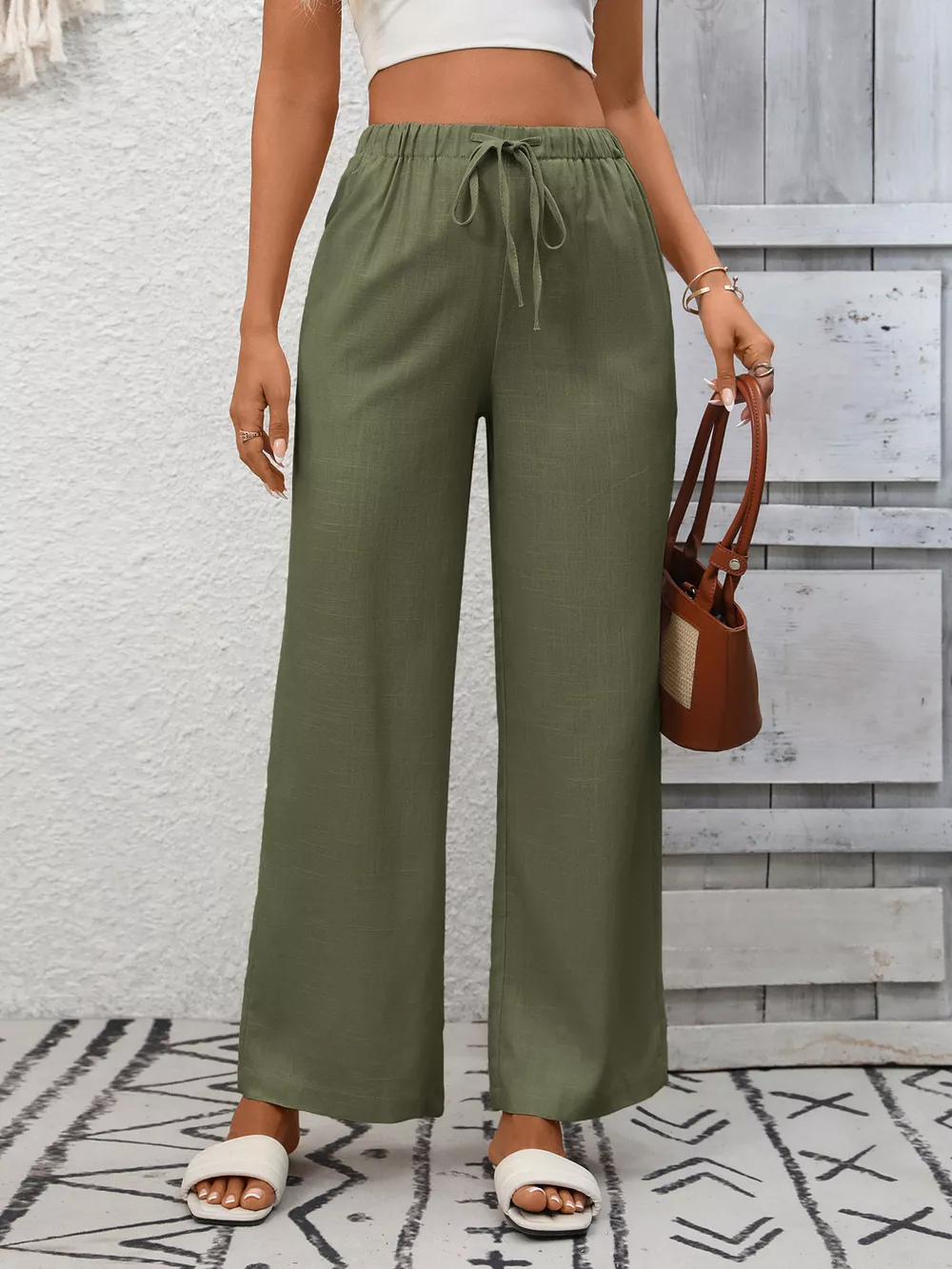 Drawstring High Waist Wide Leg Pants, image 10