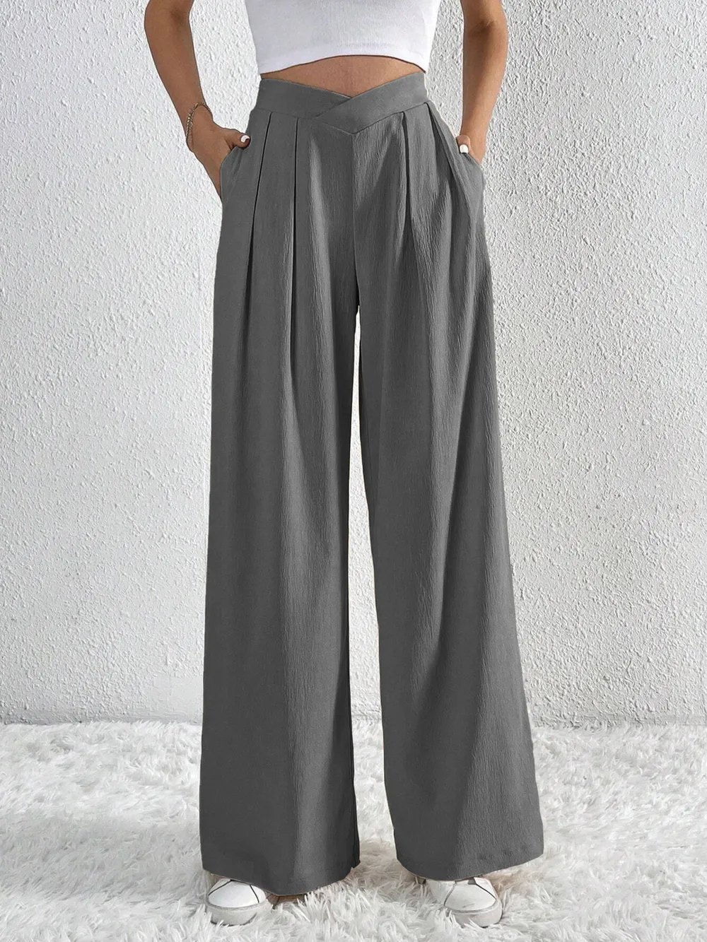 V-Waisted Ruched Front Wide Leg Pants, image 14