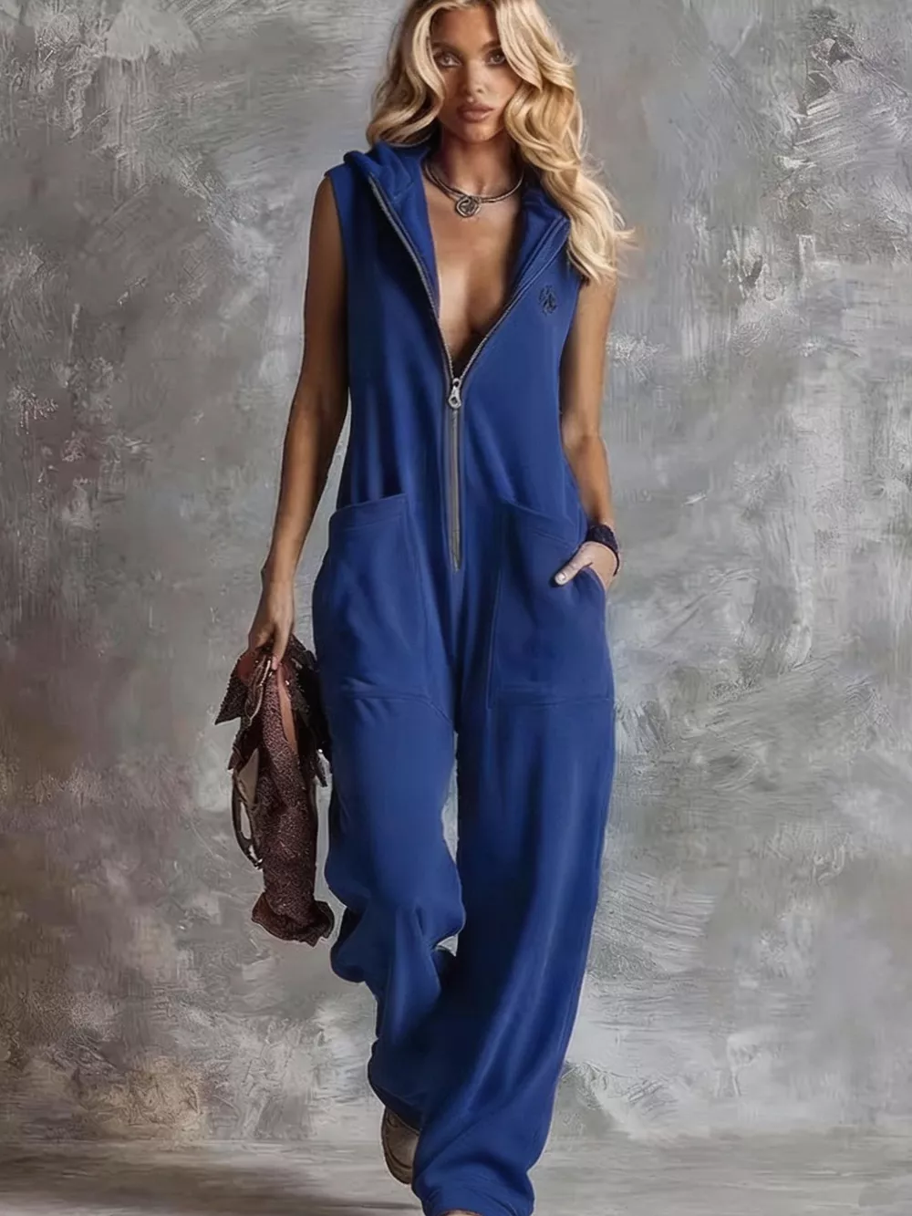 Sleeveless Hooded Zip-Front Casual Jumpsuit, image 3
