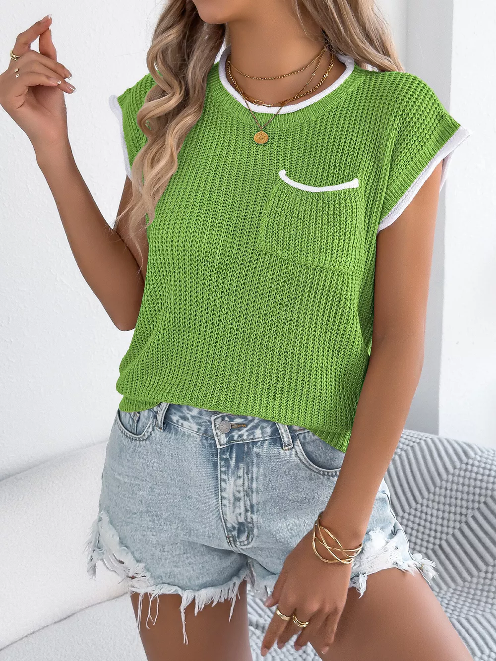 Contrast Trim Round Neck Cap Sleeve Sweater, image 5