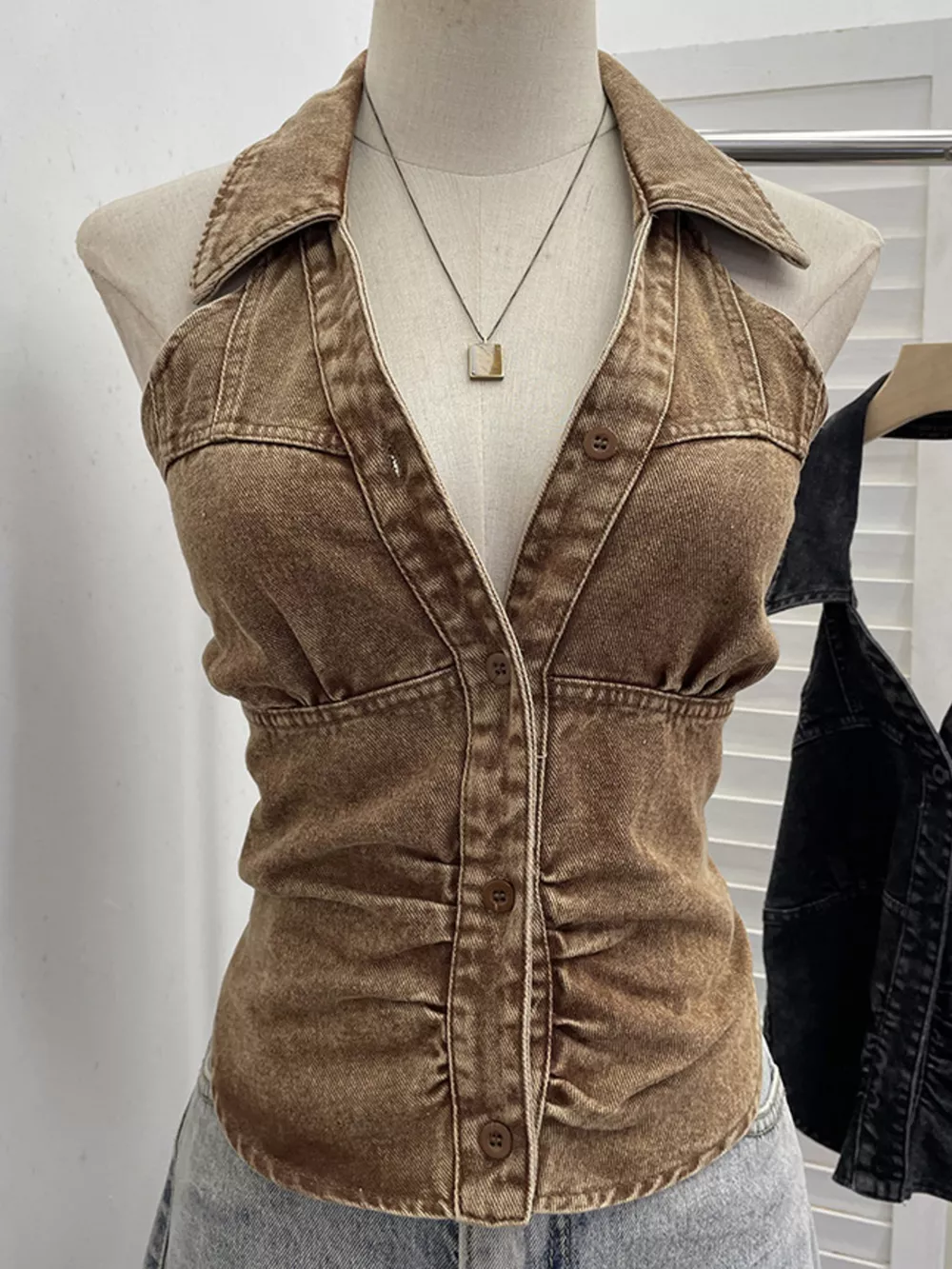 Smocked Denim Halter Collar Top, image 9
