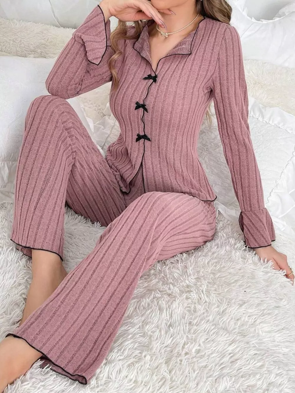 Contrast Bow Detail Top and Pants Lounge Set, image 13