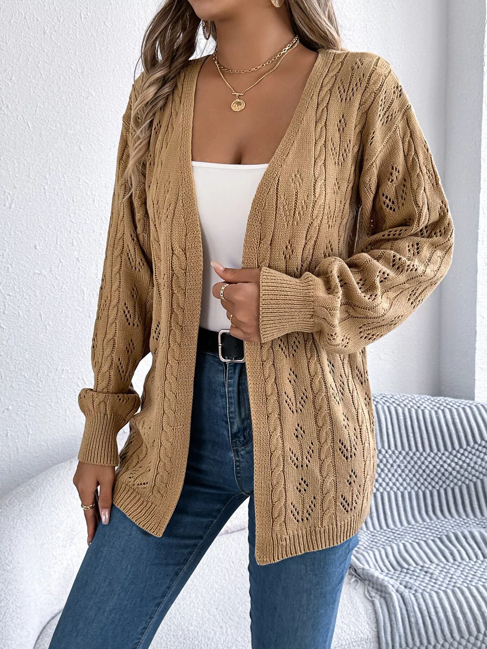 Openwork Open Front Long Sleeve Cardigan, image 7