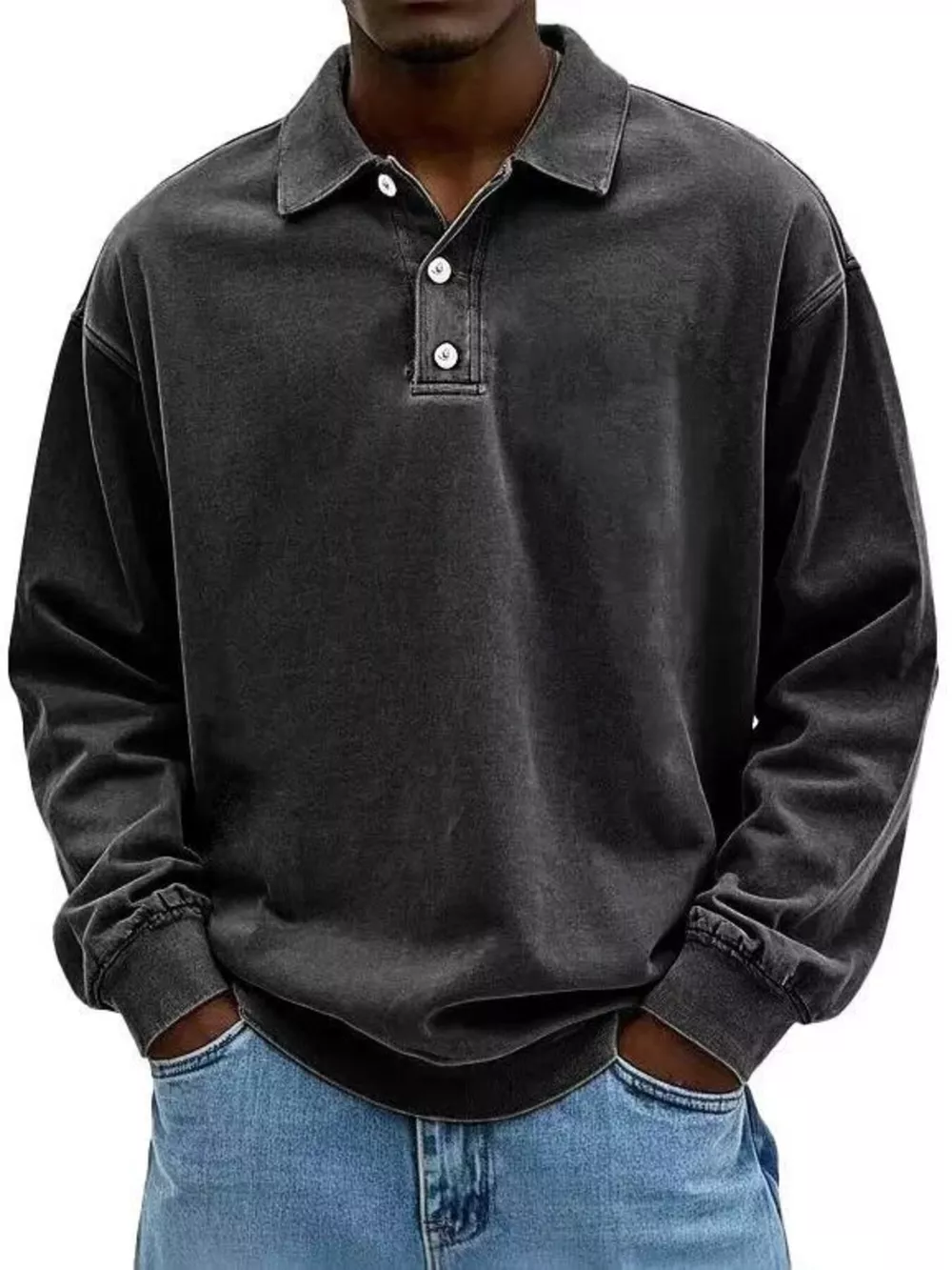 Men's Full Size Washed Long Sleeve Polo Plus Size, image 2