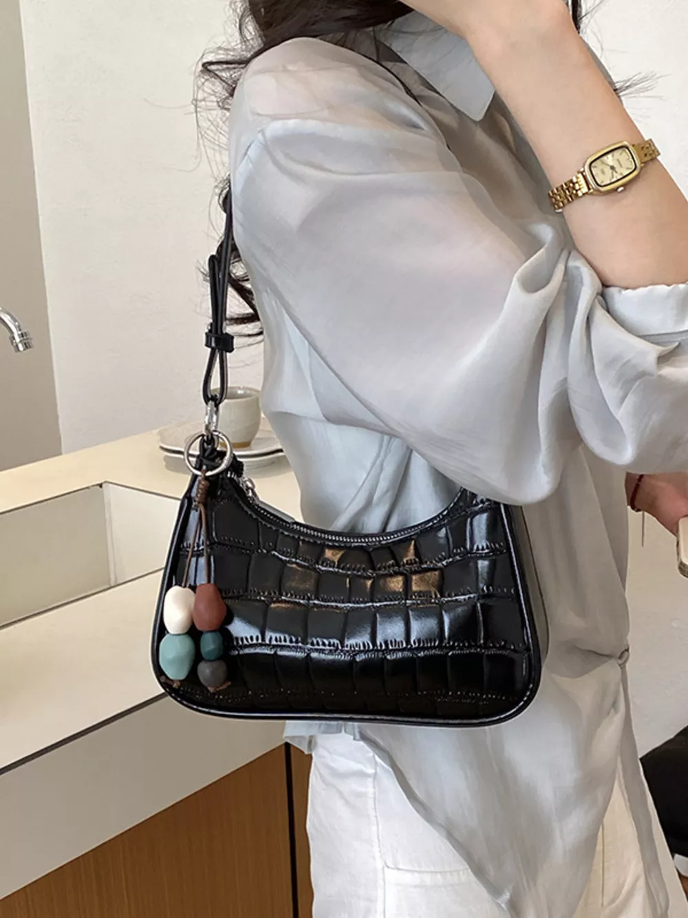 Textured PU Leather Shoulder Bag, image 2