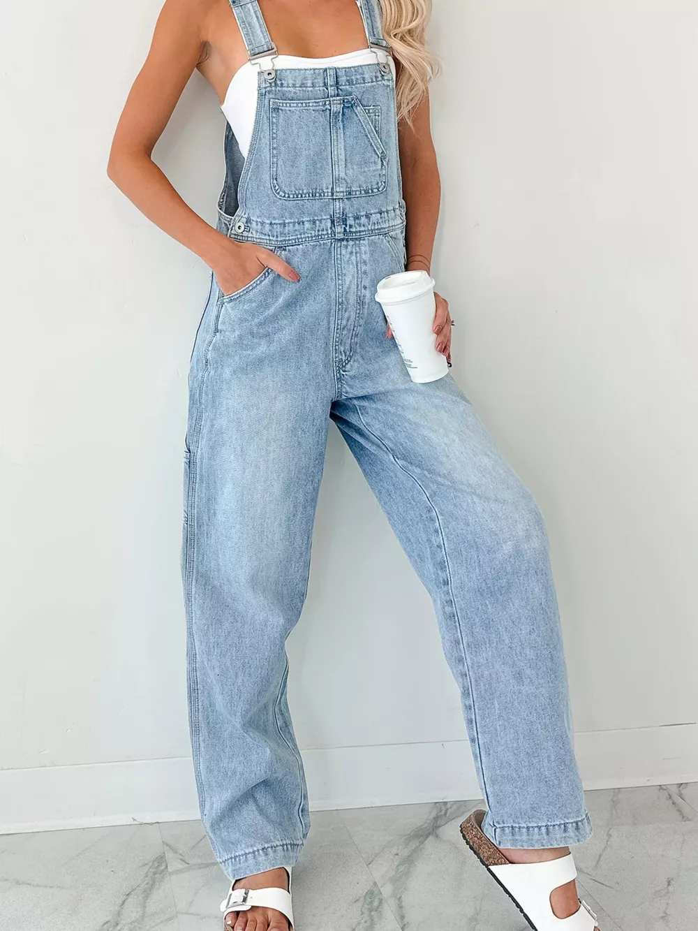 Wide Strap Relaxed Fit Denim Overalls, image 6