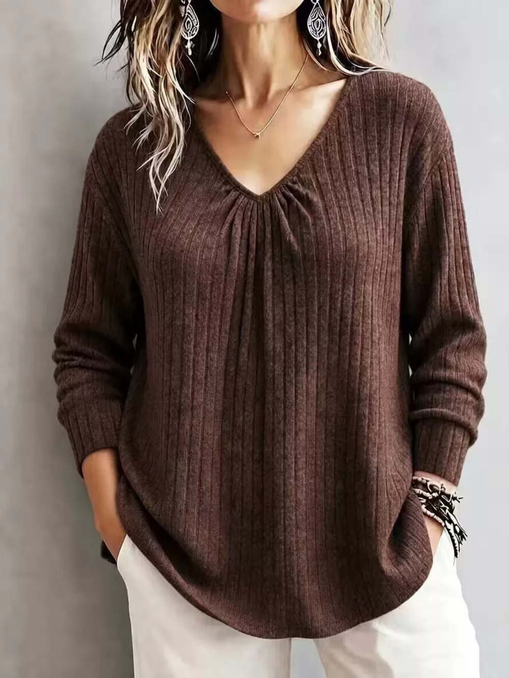 V-Neck Ribbed Long Sleeve T-Shirt, image 7