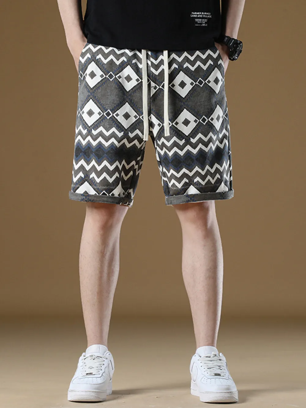 Men's Plus Size Geometric Pattern Drawstring Casual Shorts, image 2