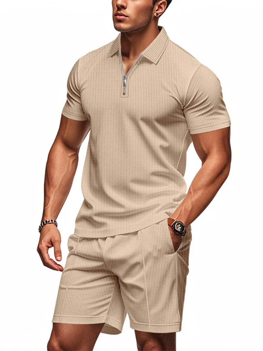 Men's Plus Size Quarter Zip Short Sleeve Top and Shorts Set, image 13