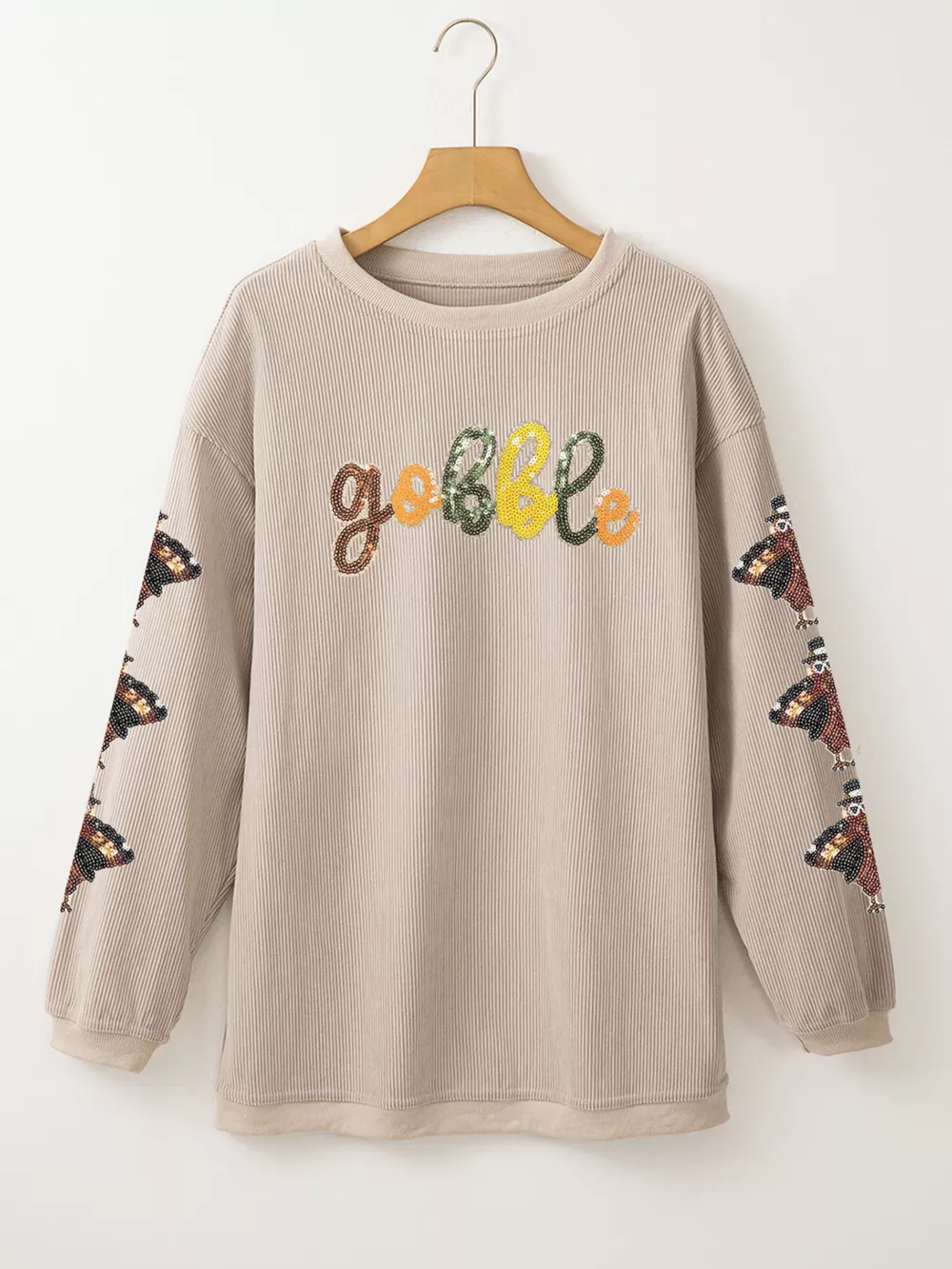 Gobble Corded Ribbed Thanksgiving Turkey Sequin Patched Sleeve Sweatshirt, image 4