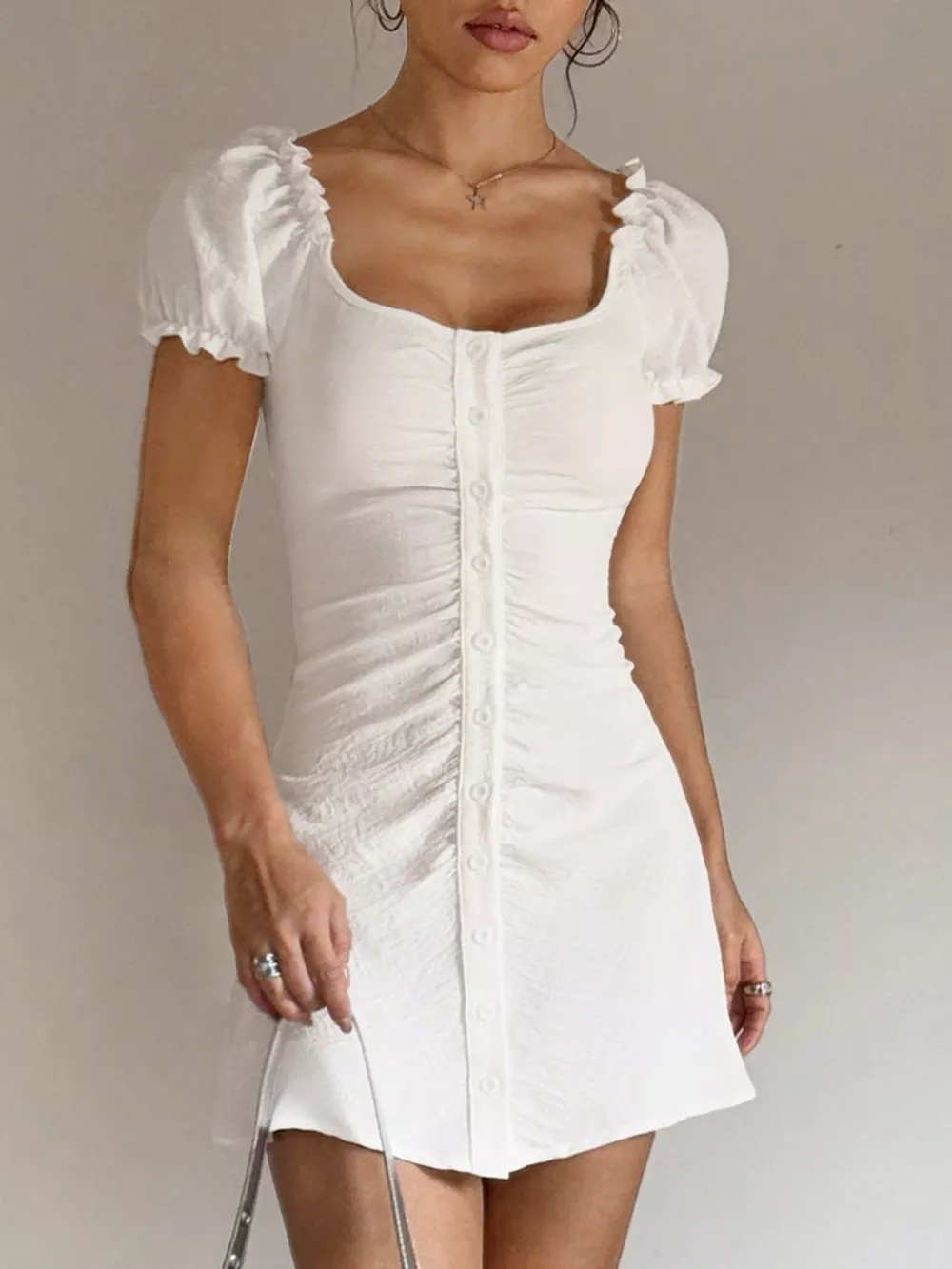 Ruched Button-Front Puff Sleeve Mini Dress, image 3