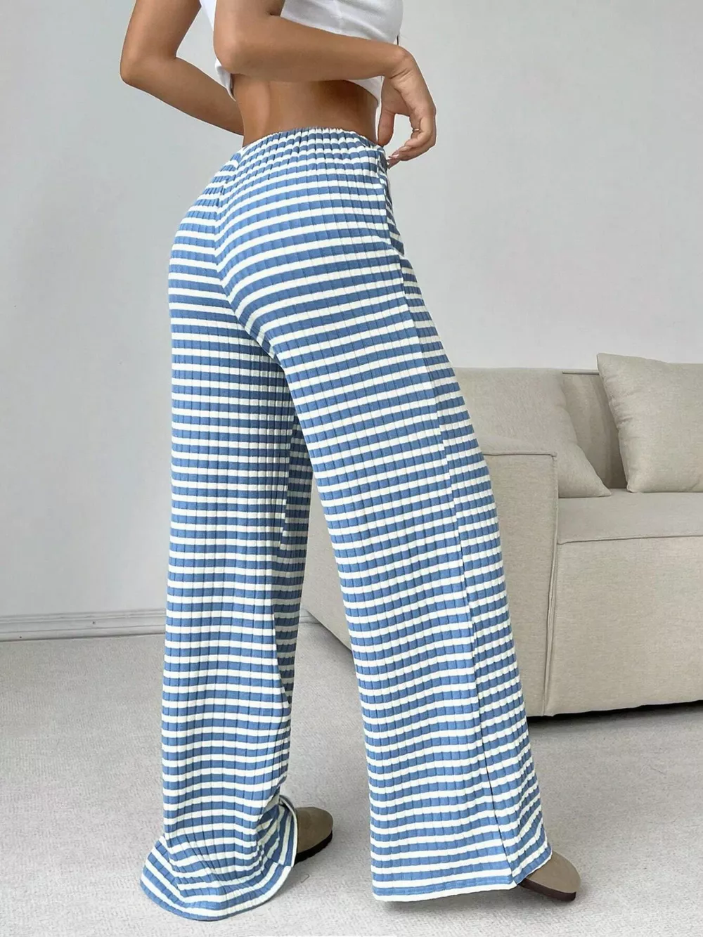 Striped Ribbed Knit Drawstring Waist Wide Leg Pants, image 16