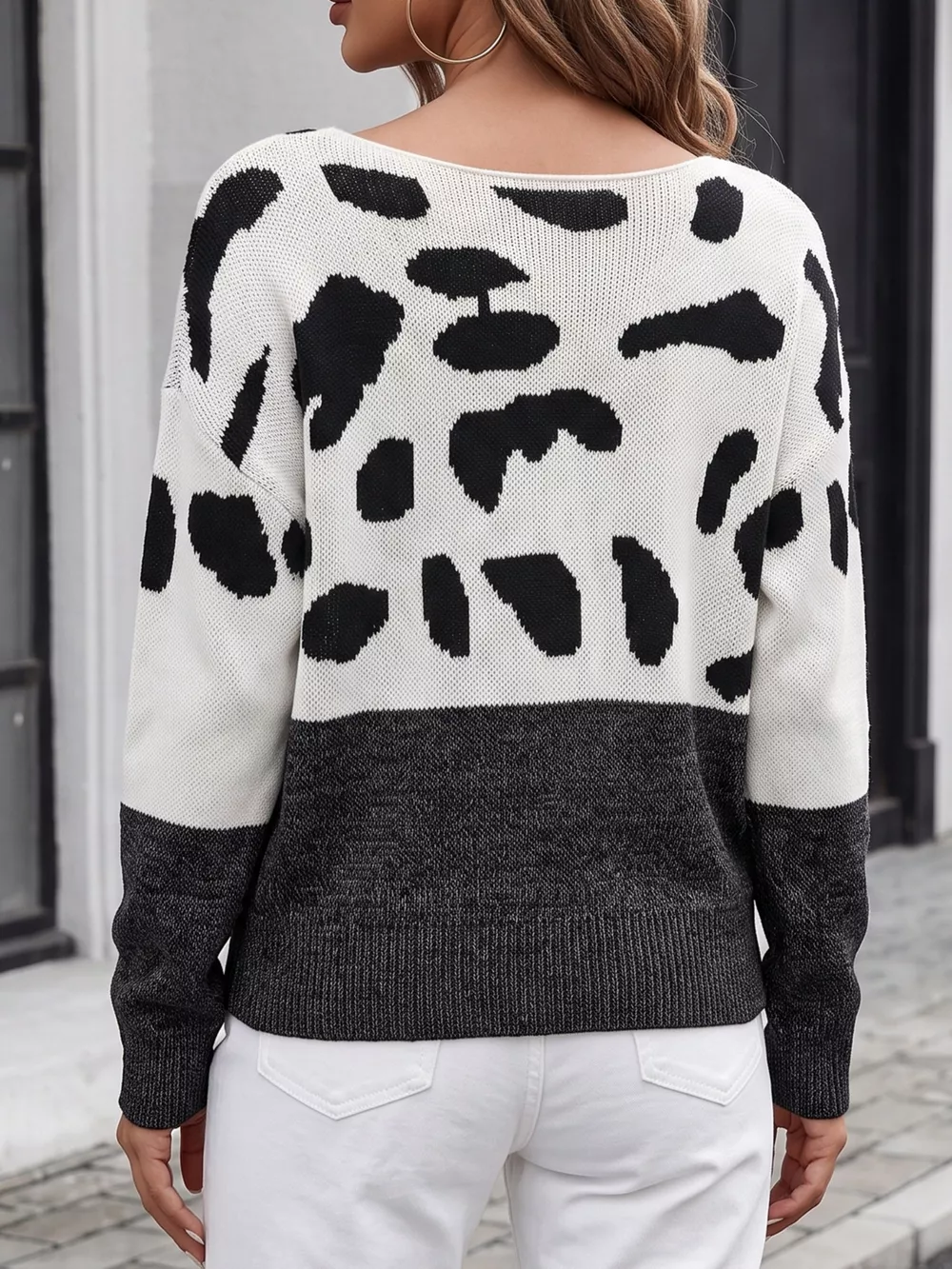 Full Size Off-Shoulder Colorblock Animal Print Sweater Plus Size, image 13