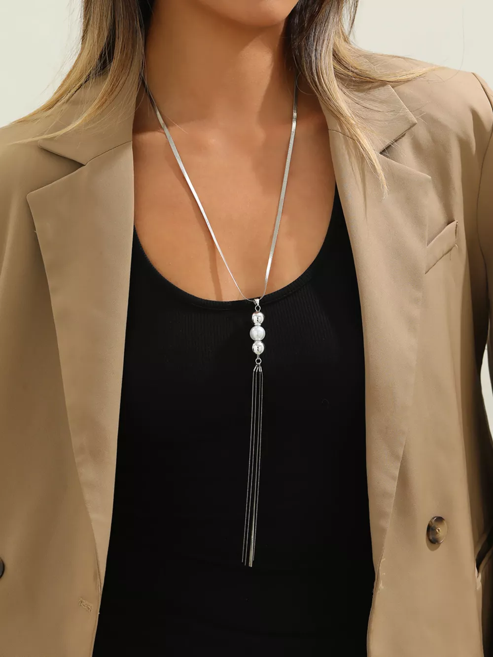 Alloy Silver-Plated Bead Tassel Necklace, image 3