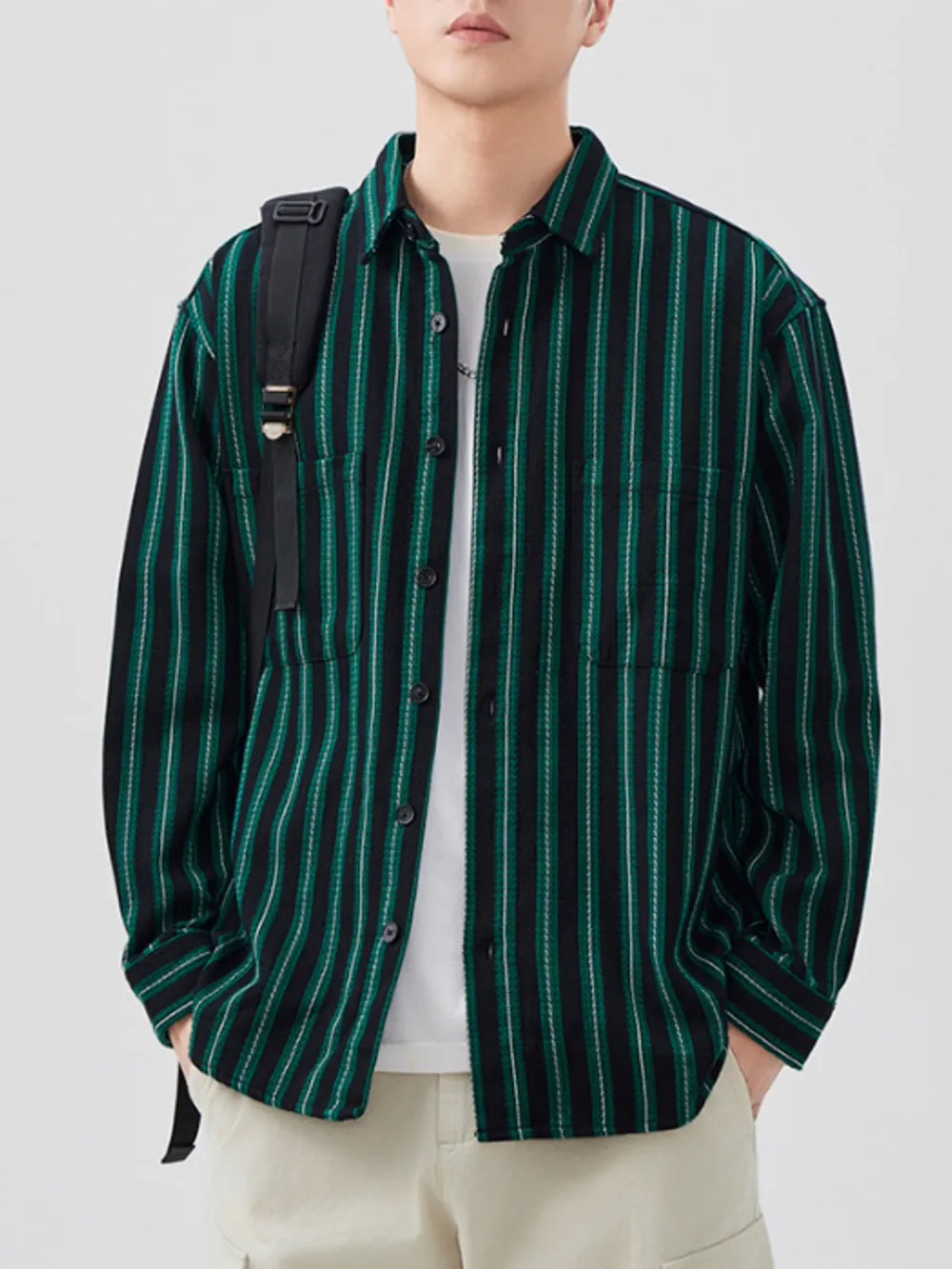 Men's Plus Size Striped Button Up Long Sleeve Shirt, image 8