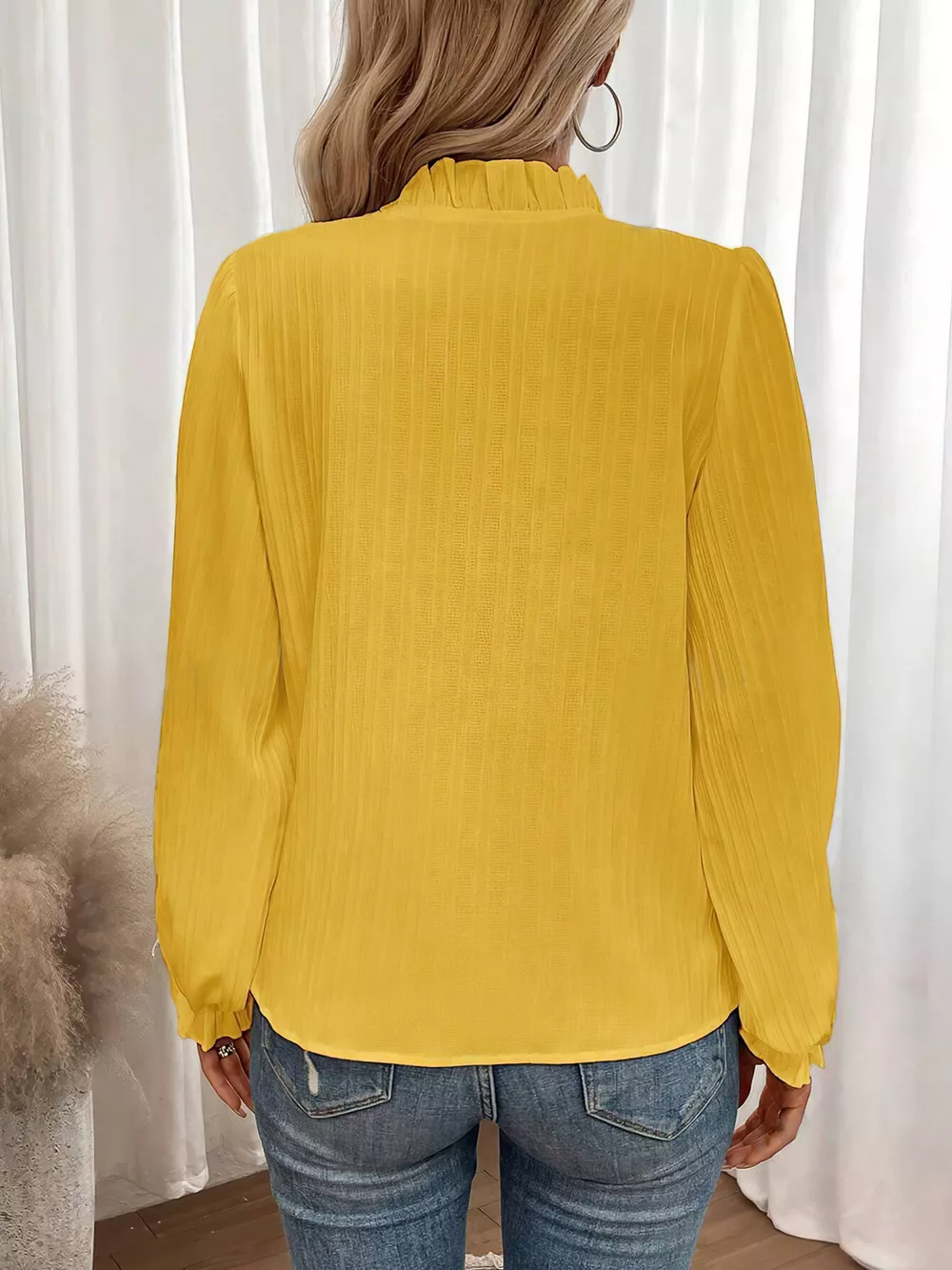 Ruffle Notched Long Sleeve Blouse, image 3