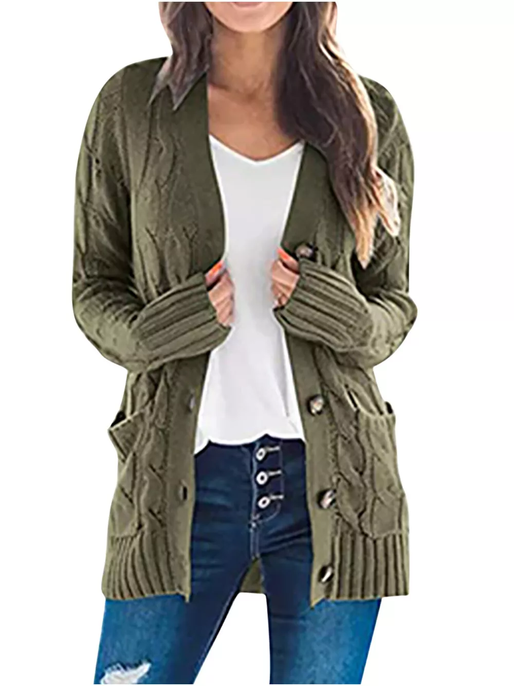Full Size Chunky Cable Knit Button-Down Cardigan Plus Size