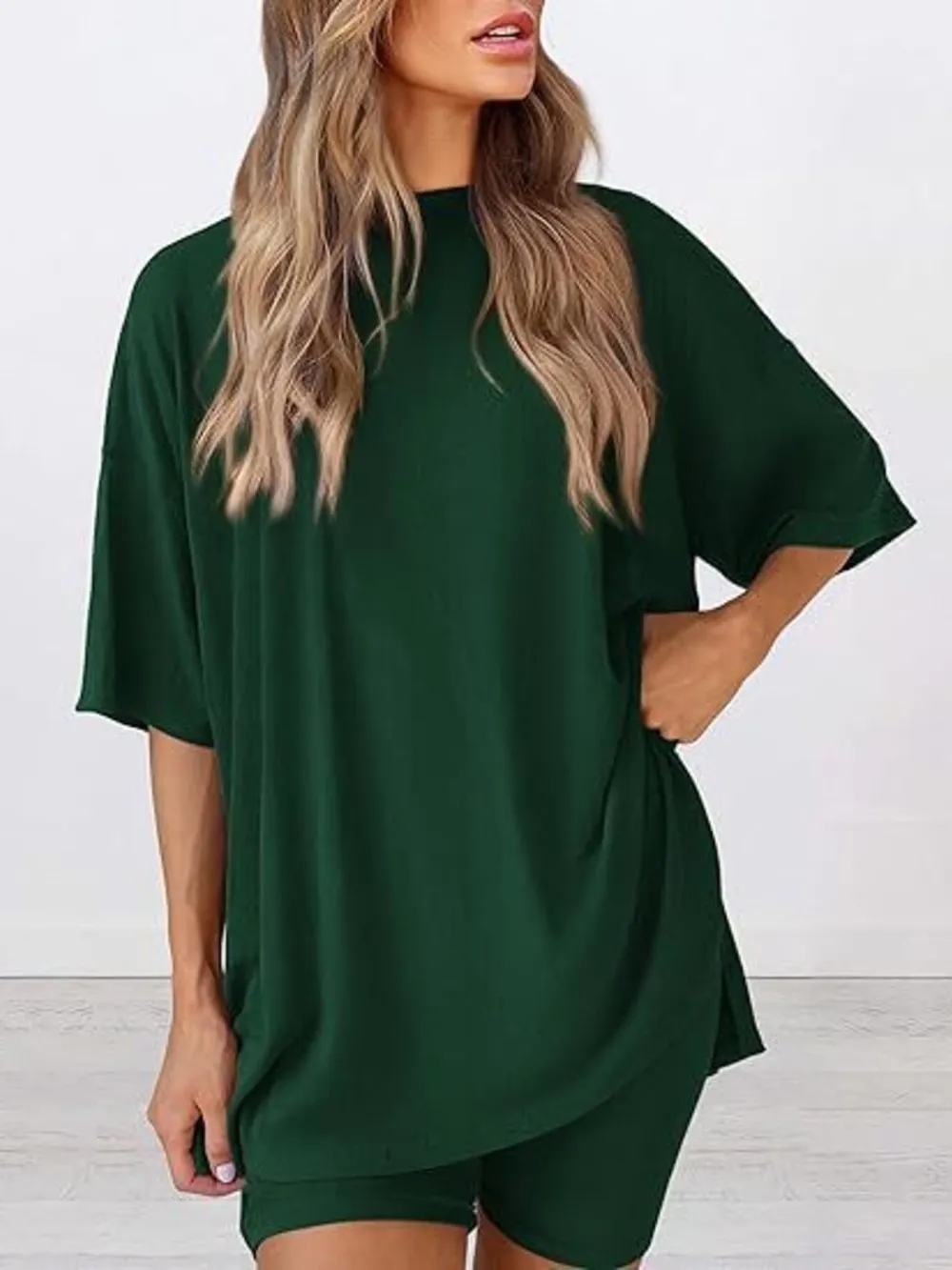 Full Size Oversized Slit Round Neck Top and Shorts Lounge Set Plus Size, image 7