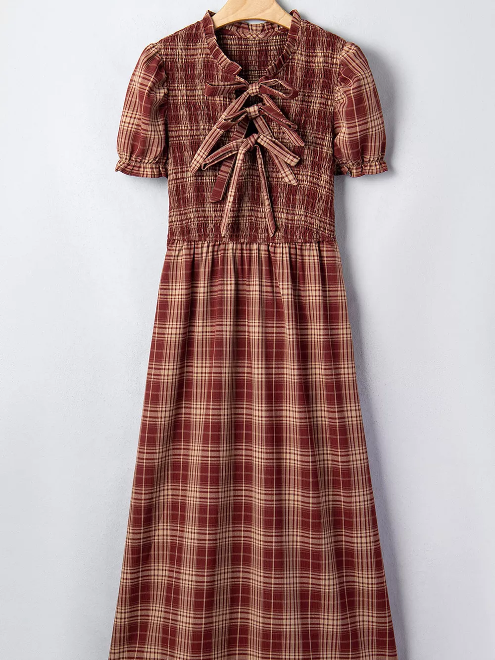 Plaid Knot Front Smocked High Waist Midi Dress, image 7