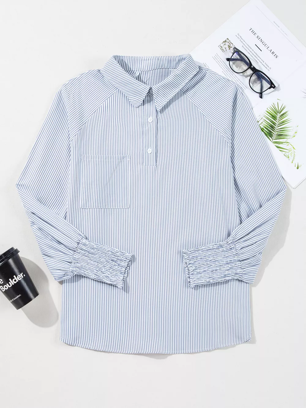 Pinstripe Long Sleeve Smocked Cuffs Button Shirt Collar Blouse, image 16