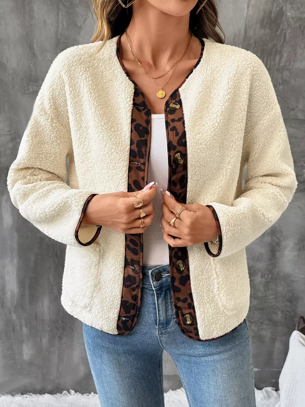 Leopard Trim Button Up Jacket, image 5