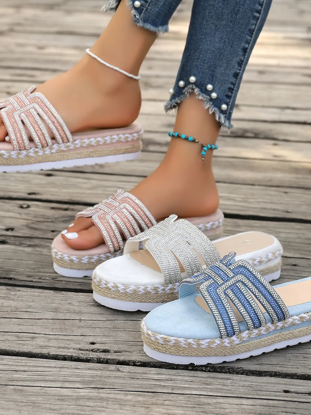 Rhinestone Embellished Platform Espadrille Sandals, image 2