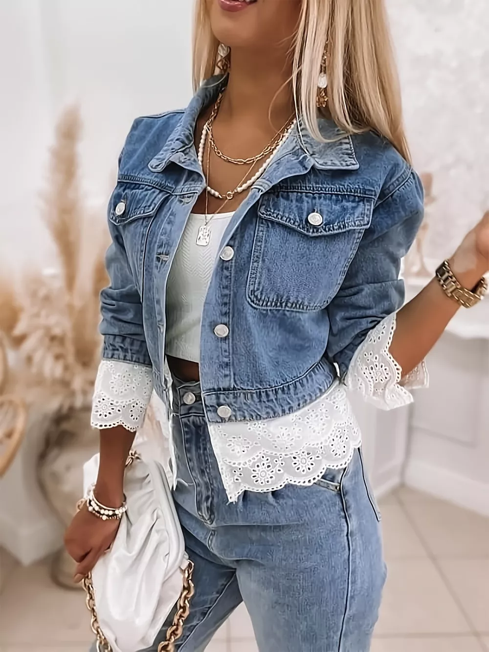 Cropped Denim Jacket with Lace Trim, image 3