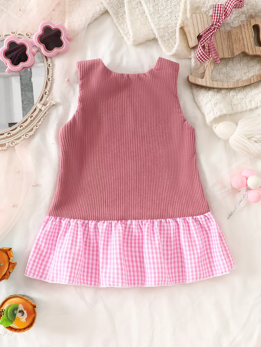 Children's Plaid Hem Corduroy Sleeveless Dress, image 8