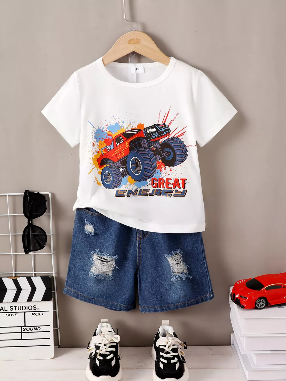 Children's Truck Graphic Tee & Ripped Denim Shorts Set