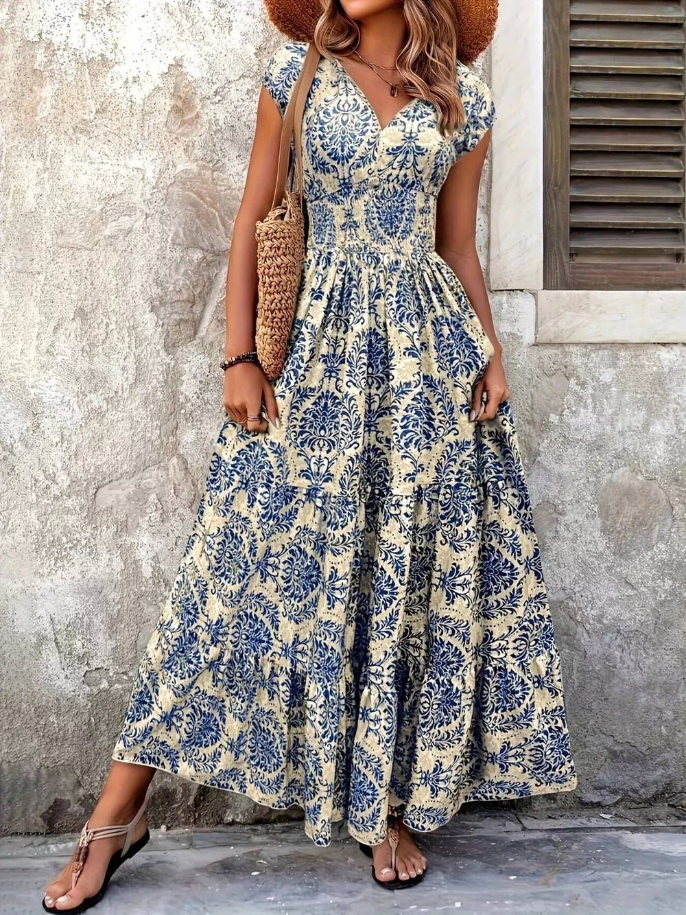 Printed Cap Sleeve Maxi Dress, image 6
