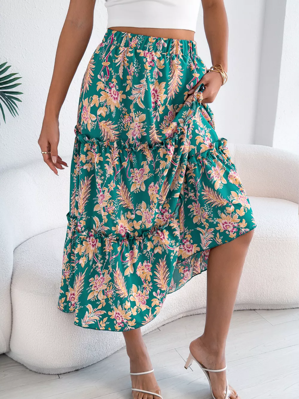 Floral Print Ruffle Hem Flowy Midi Skirt, image 7