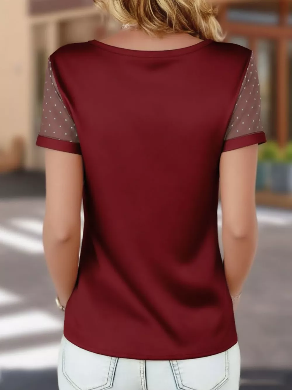 Satin V-Neck Sheer Short Sleeve Top, image 13