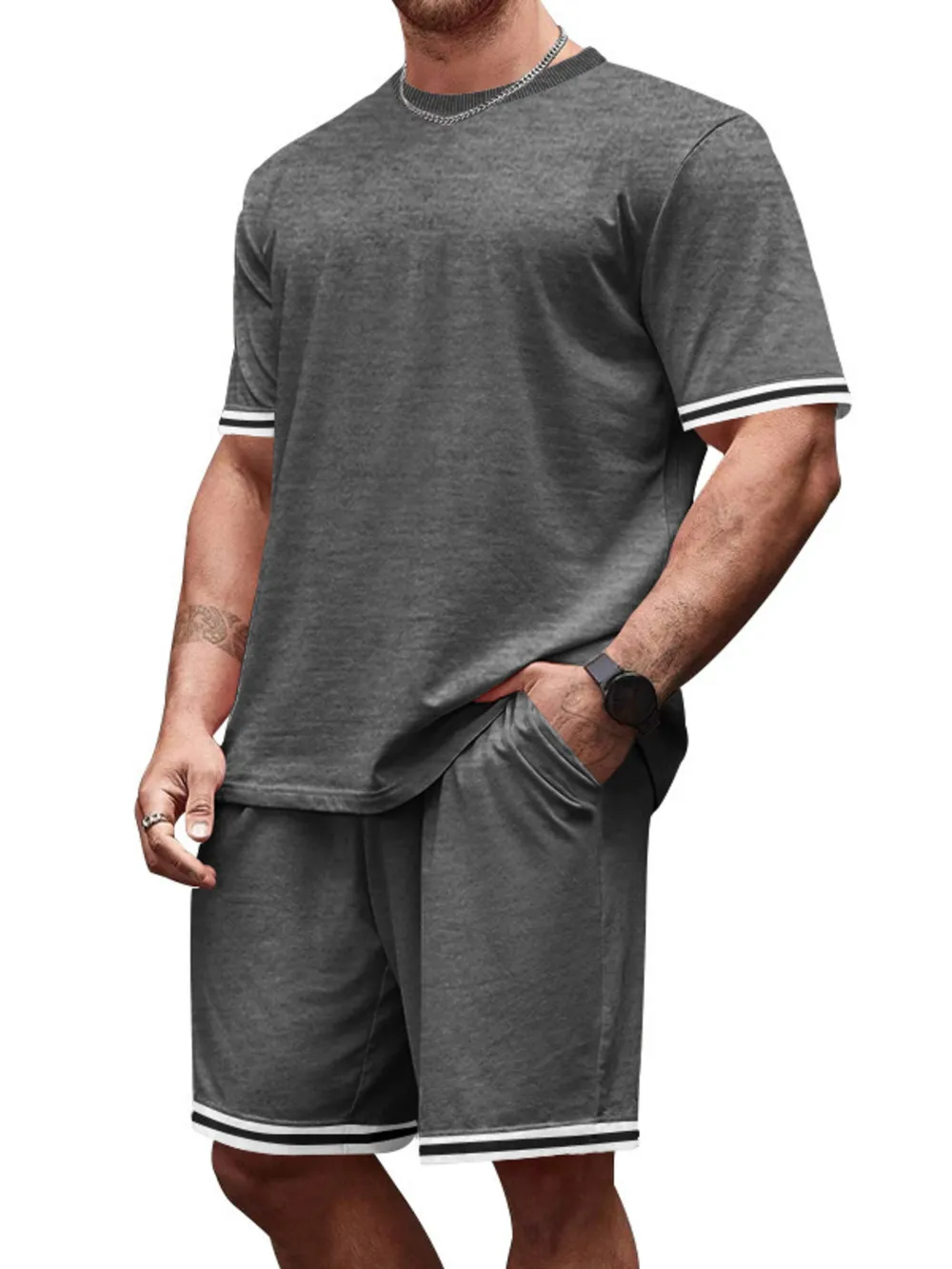 Men's Full Size Striped Short Sleeve Tee and Shorts Set Plus Size, image 9