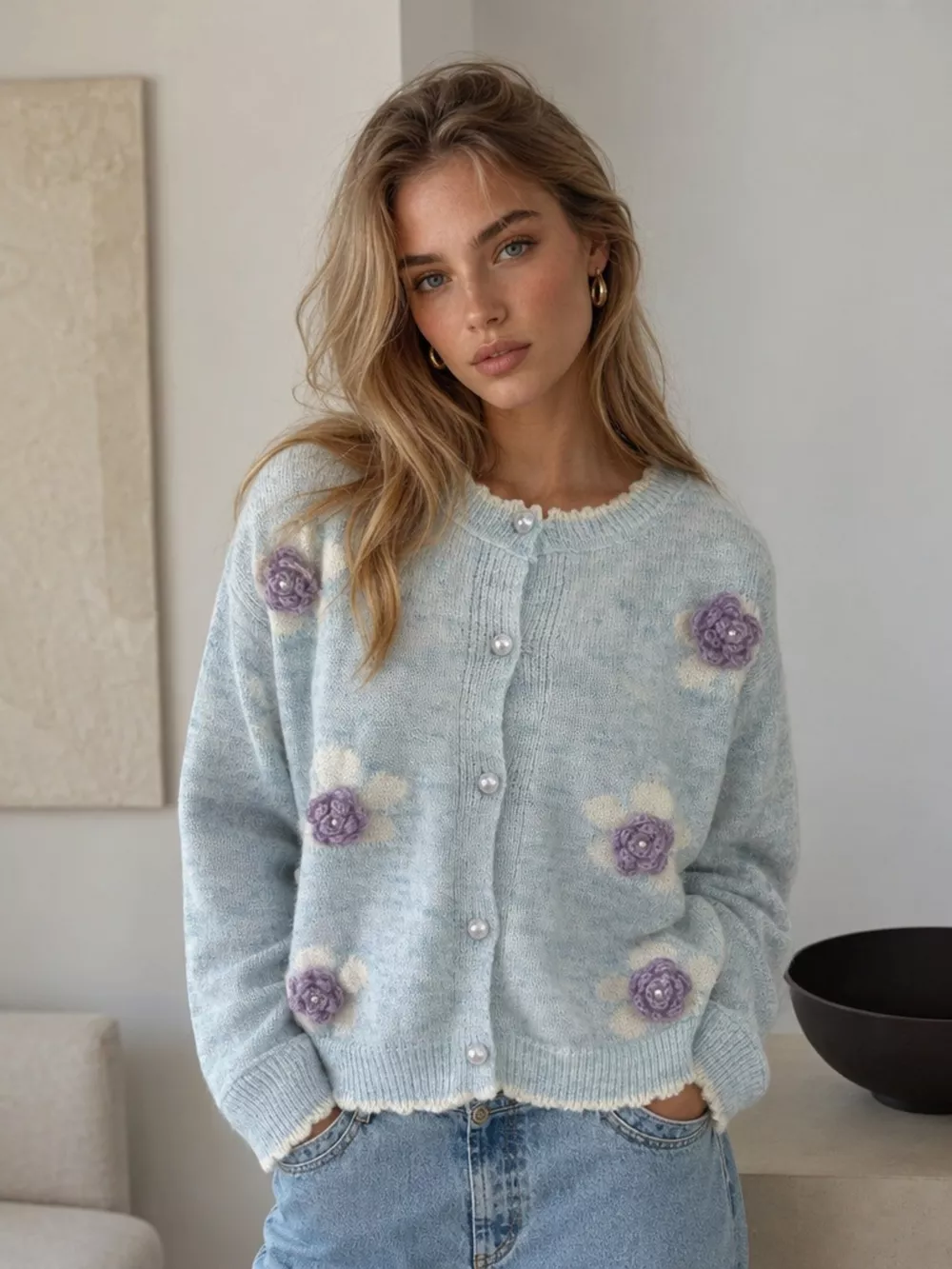 Floral Applique Button-Down Knit Cardigan, image 11